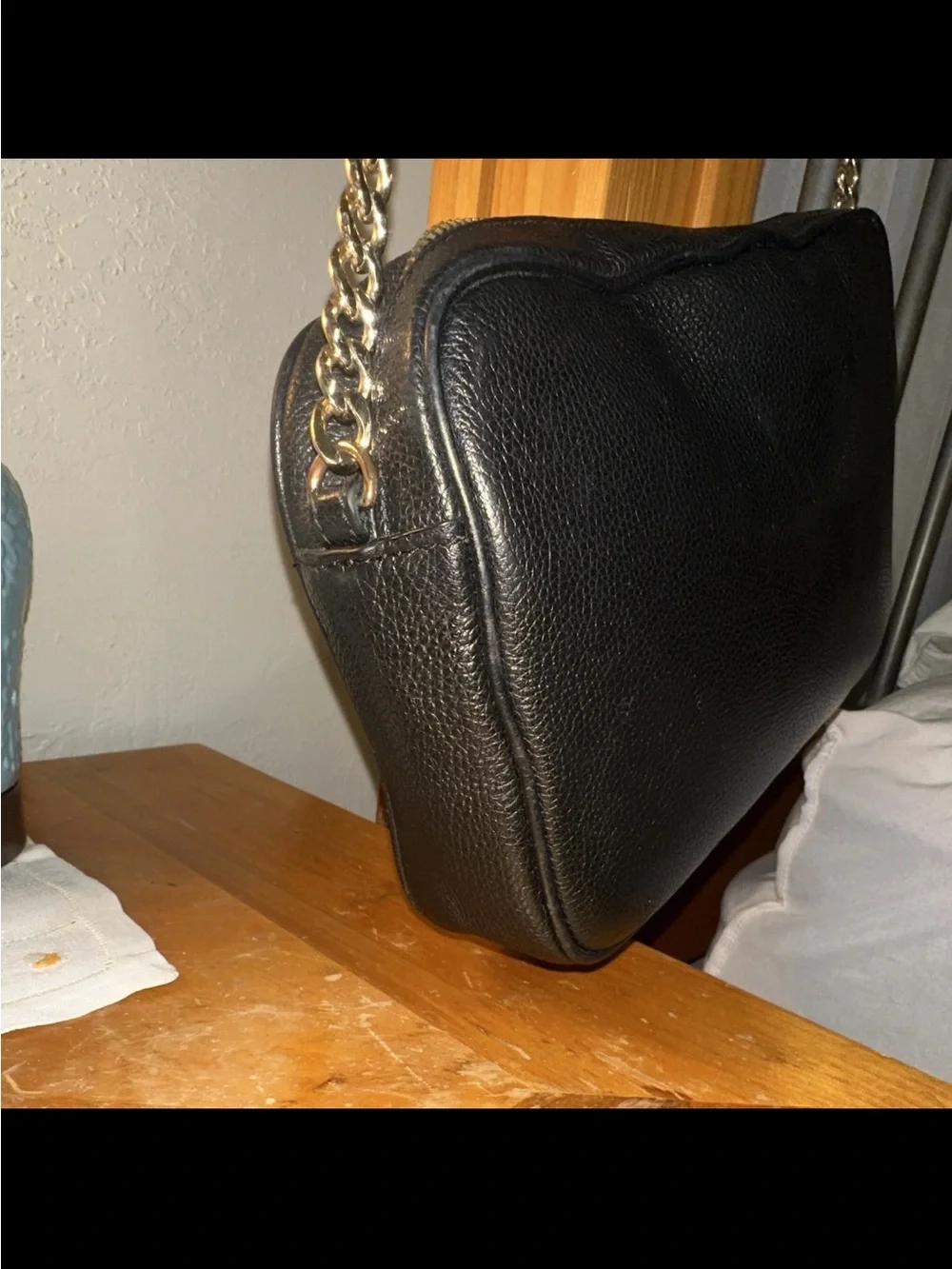Michael Kors Black Leather Crossbody with Gold MK Emblem